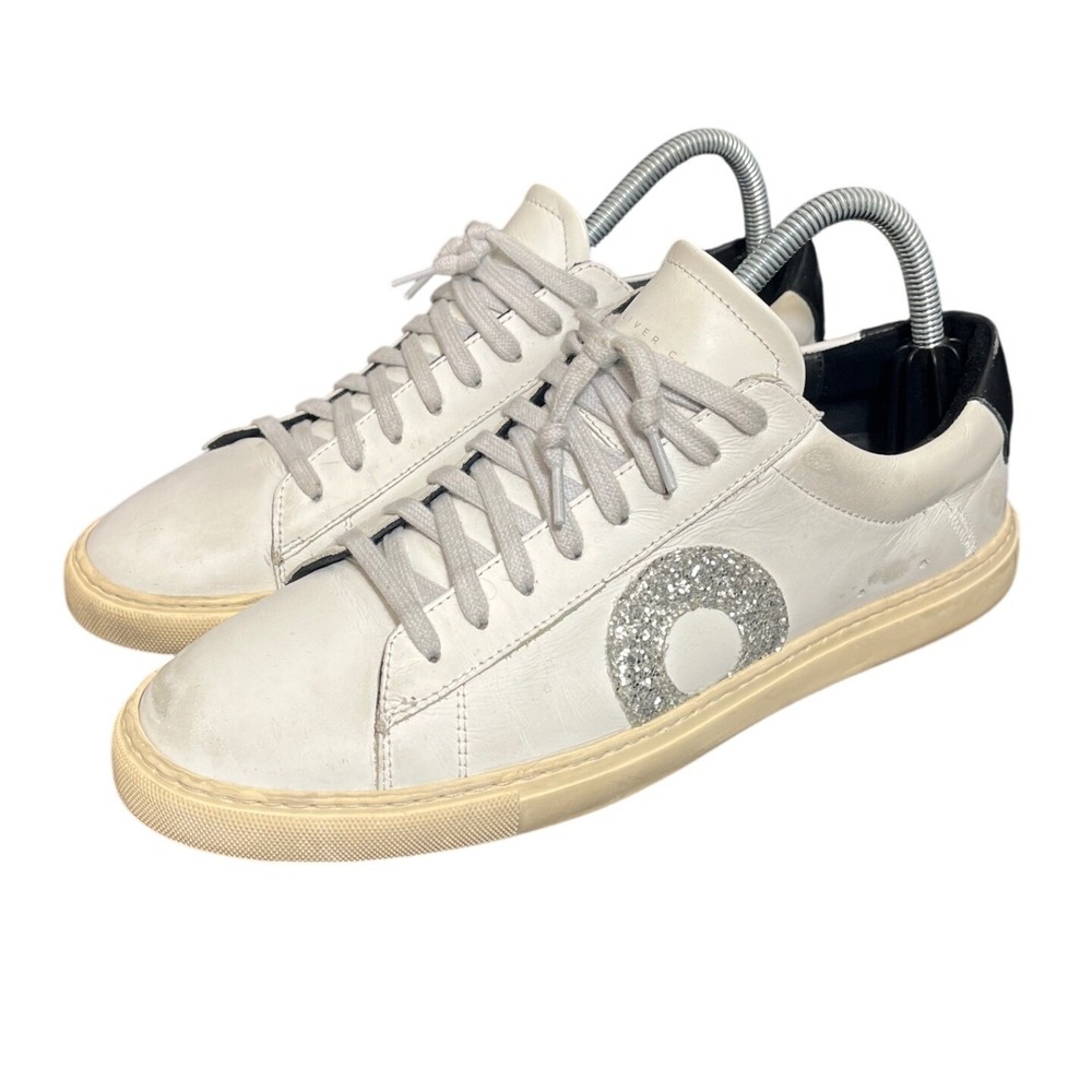 Oliver Cabell White Leather Sneakers with Silver Glitter Logo and Cream Sole